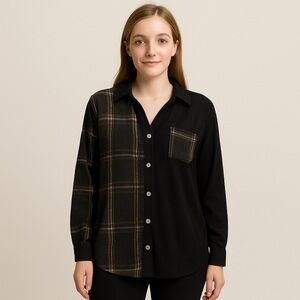 Le Lis Collection Black and Brown Plaid Button-Up Shirt Size M